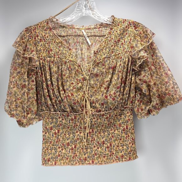 Free People Boho Floral Smocked Peasant Blouse Top Size Small - Picture 1 of 8